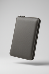 Contemporary Tech Sleeve Pochette in Obsidian Shadow Grey Soft Pebbled Leather – Angled View