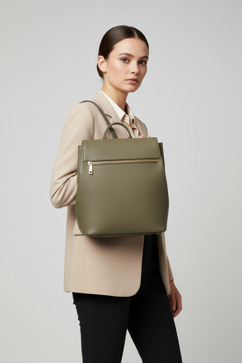 Female model wearing Contemporary City Backpack in Olive Dust Moss