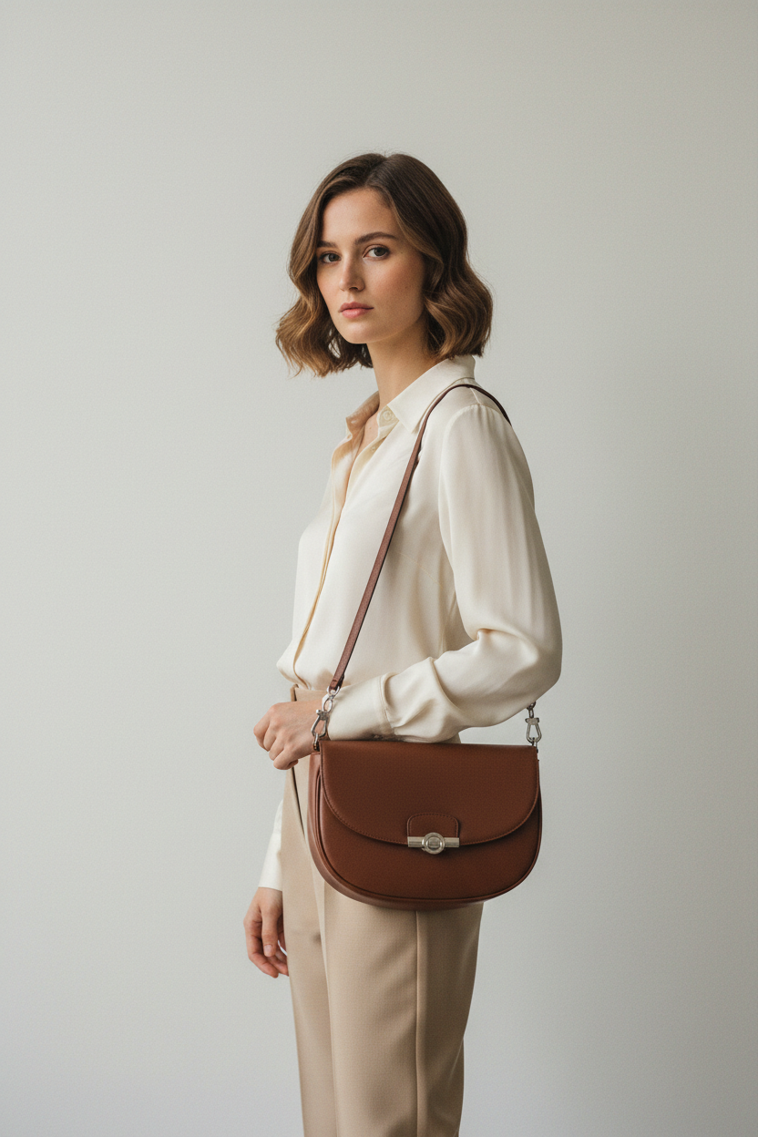 Female model carrying Soft Curve Shoulder Bag in Chocolate Brown
