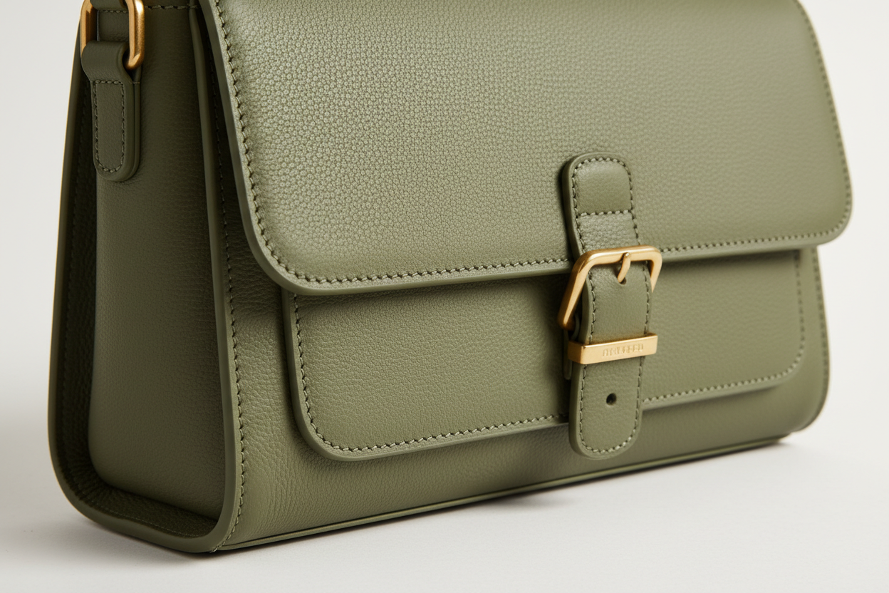 Soft Matte Shoulder Bag in Olive Sage, matte leather texture close-up