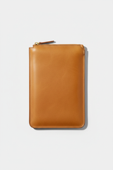 Contemporary Tech Sleeve Pochette in Camel Dune Tan Italian Saddle Leather – Front View