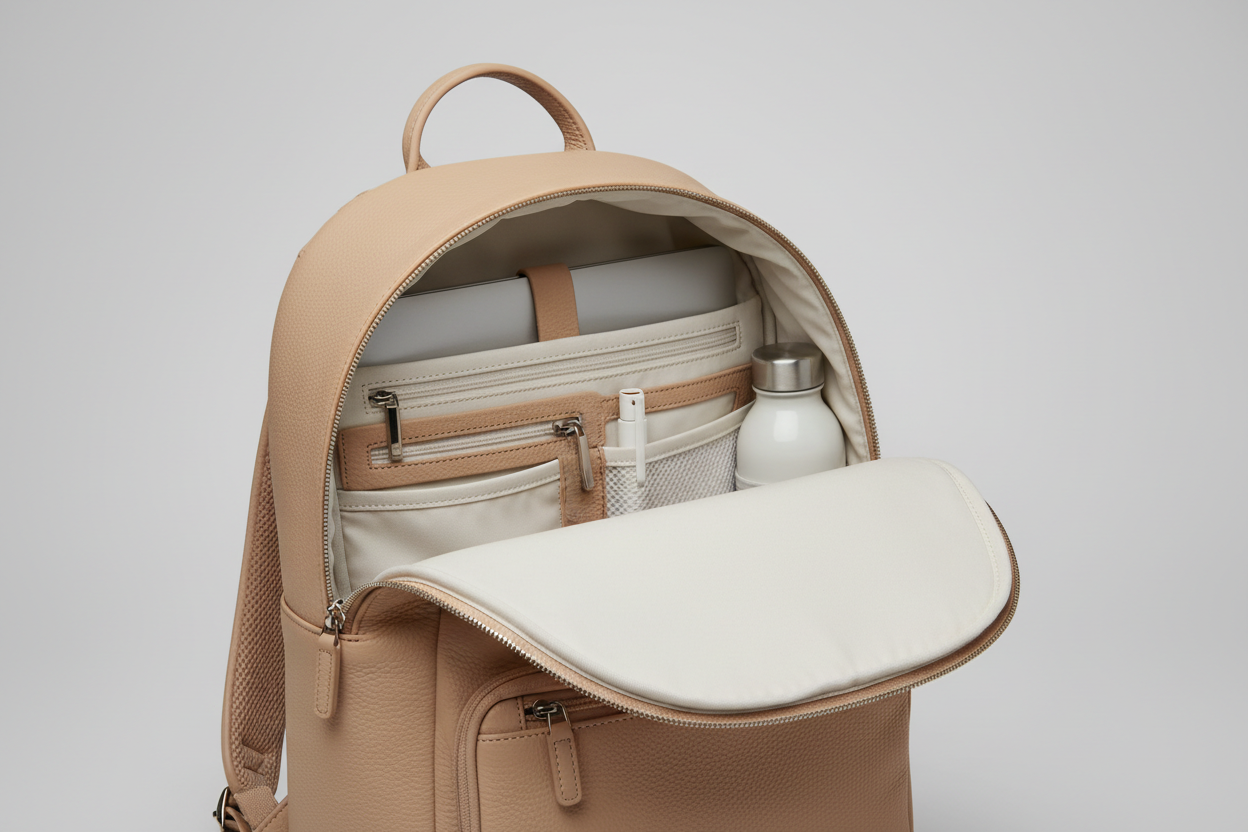 Contemporary City Backpack in Soft Almond Beige, open interior view
