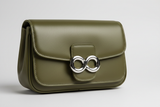 Soft Curve Shoulder Bag in Olive Green, leather and silver hardware close-up