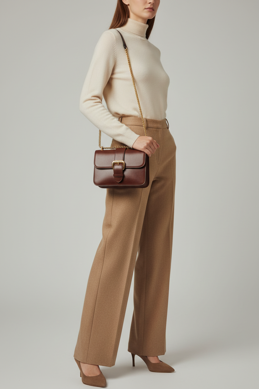 Female model carrying Vintage Mini Flap Bag in Espresso Mocha