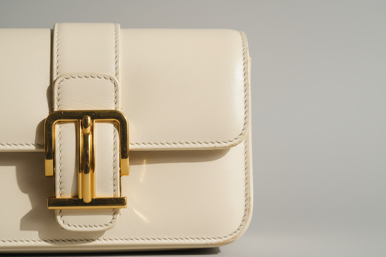 Vintage Mini Flap Bag in Cream Pearl, gold buckle and leather close-up