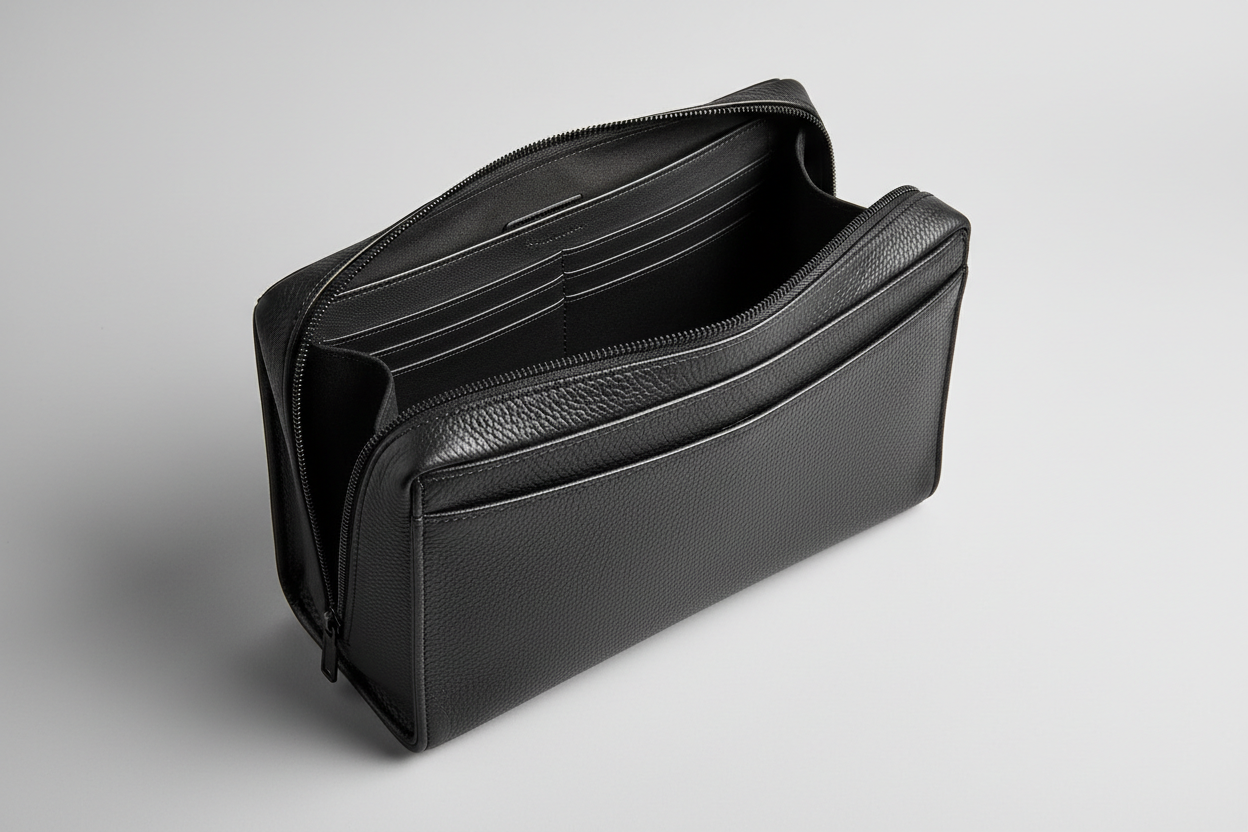 Premium Zip Work Portfolio in Onyx Steel Black Smooth Executive Leather – Interior View