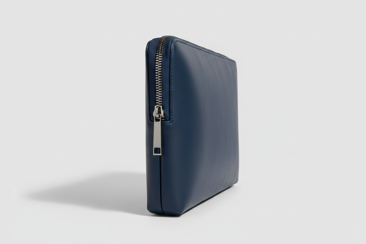 Premium Zip Work Portfolio in Ocean Ink Blue Soft-Touch Premium Leather – Side Angle
