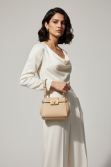 Sculpted Mini Designer Bag in Vanilla Ash Beige – Female Model
