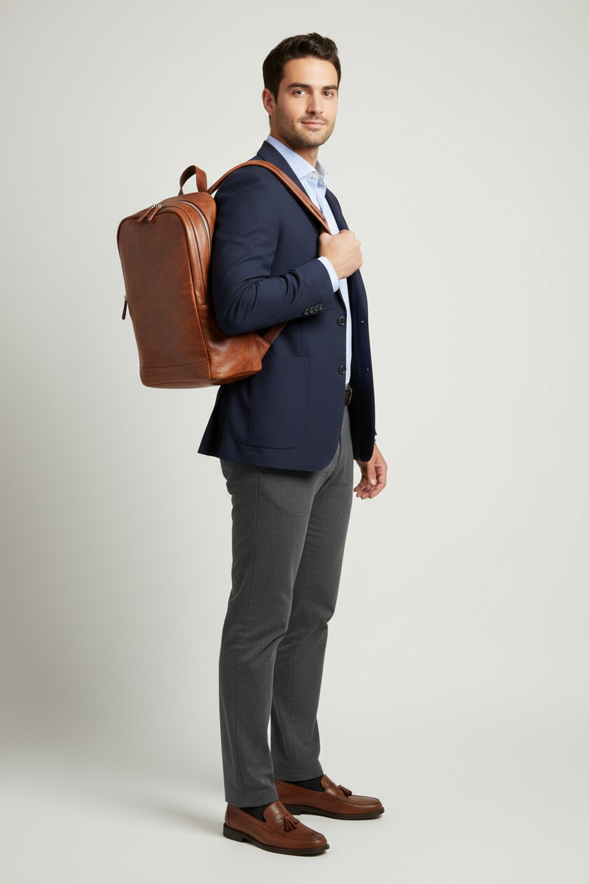 Metropolitan Business Backpack in Earthwood Chestnut Natural Tumbled Leather – Professional Model