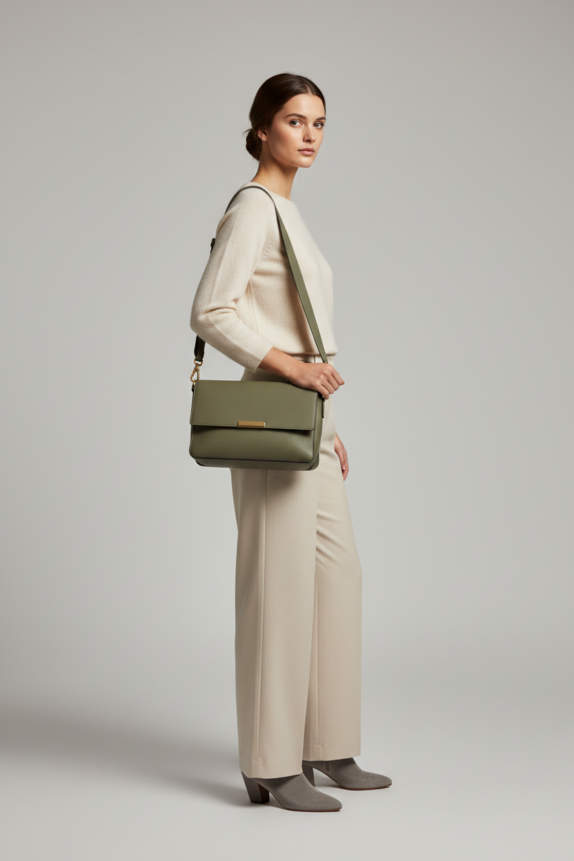 Female model carrying Soft Matte Shoulder Bag in Olive Sage