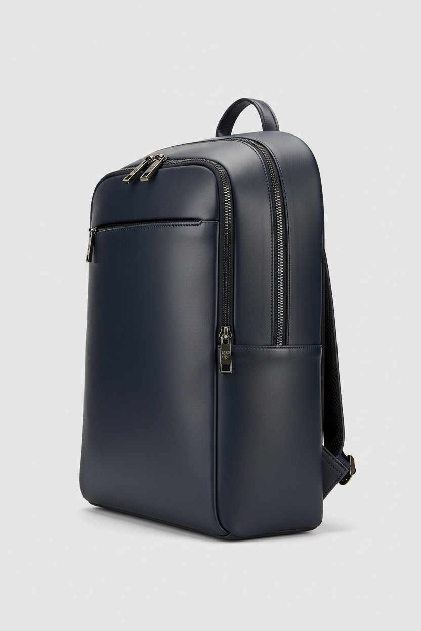Metropolitan Business Backpack in Midnight Harbor Navy Water-Resistant Luxe Leather – Side Angle